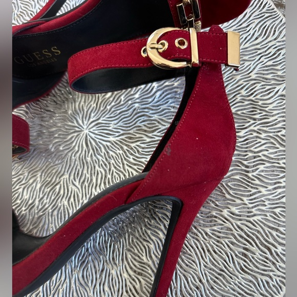 Suede Red/ Gold Ankle Strap Heels - Picture 2 of 6